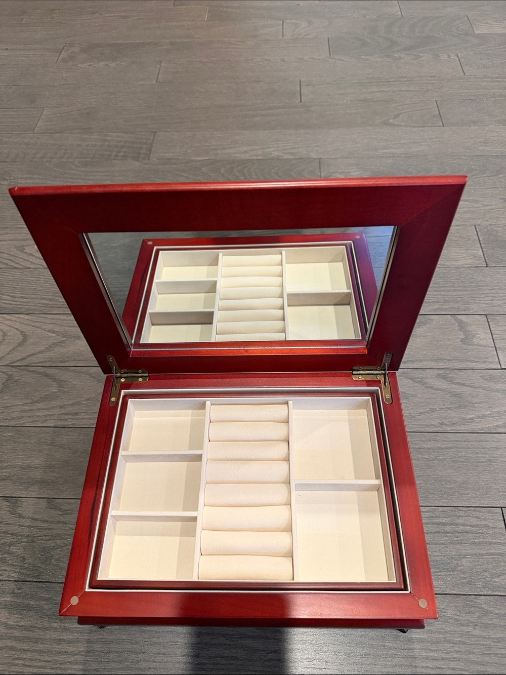Red Jewelry Organizer Box with Mirror - Cream Interior